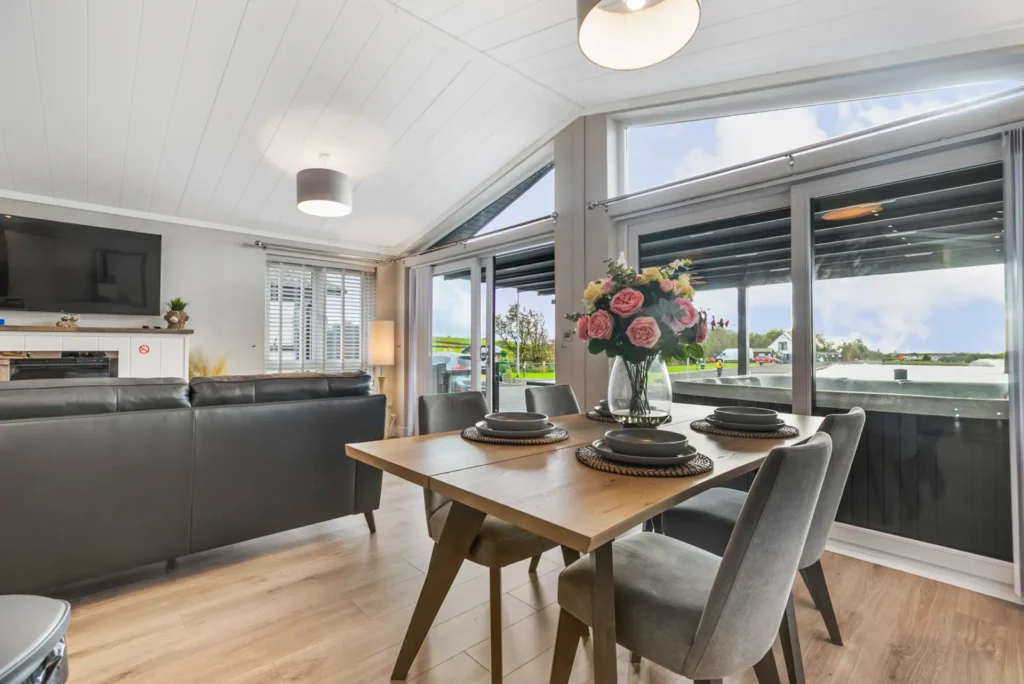 Dining table in Twin Lodge 5 with countryside view