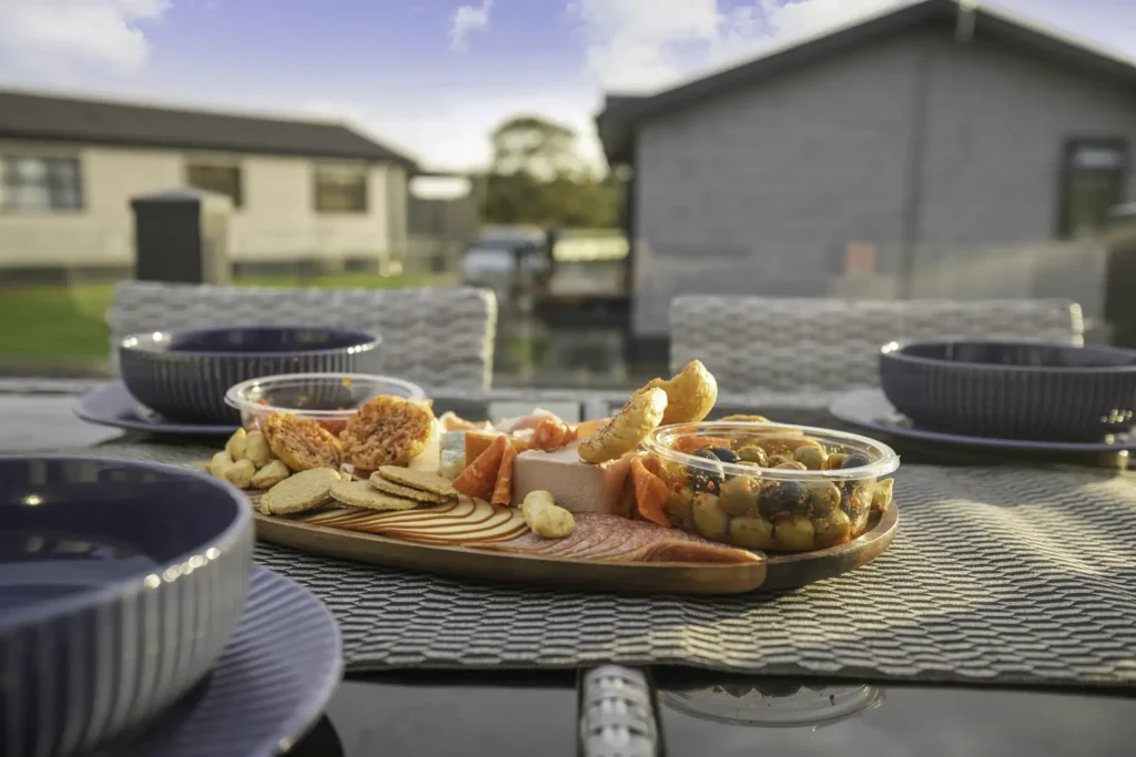 Sharing platter served beside the hot tub at Single Lodge 12