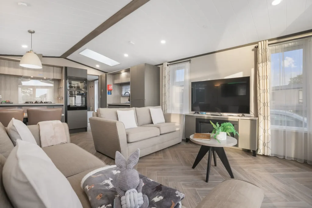 Living area in Single Lodge 12 with sofas and TV
