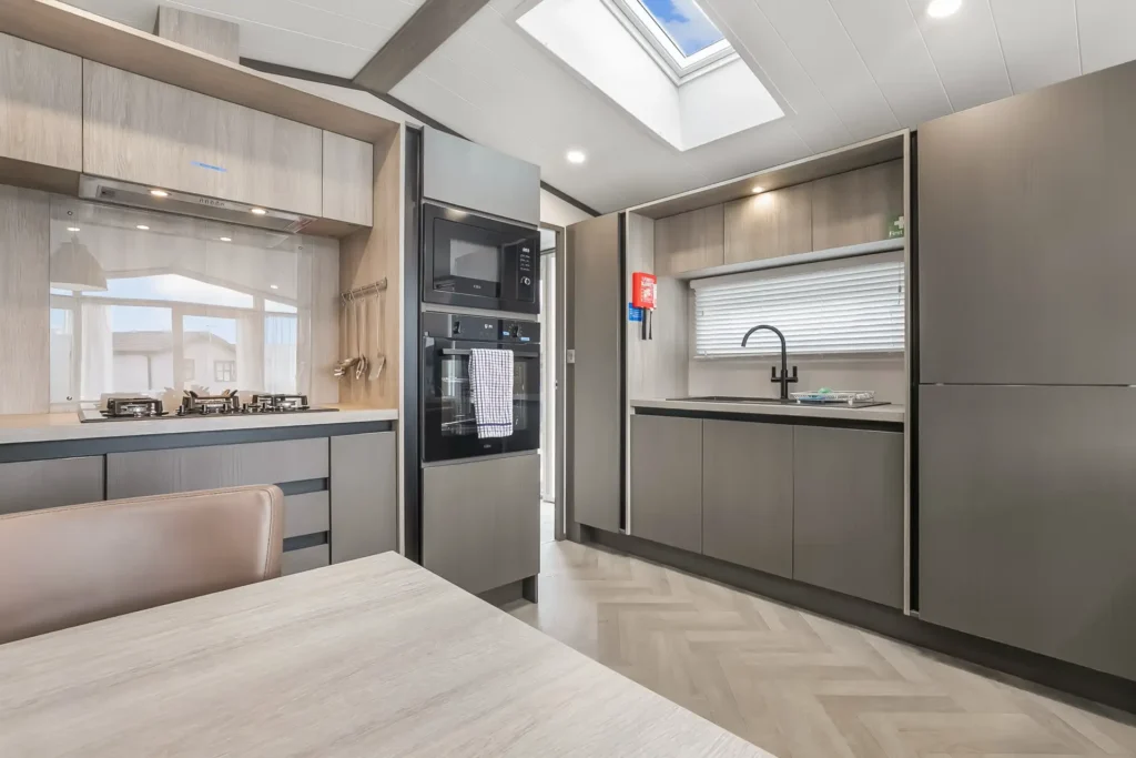 Kitchen in Single Lodge 11 with skylight
