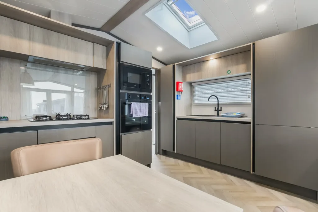 Kitchen in Single Lodge 8 with skylight